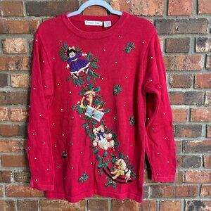 Victoria Jones womens ugly Christmas holiday embroidered sweater red medium